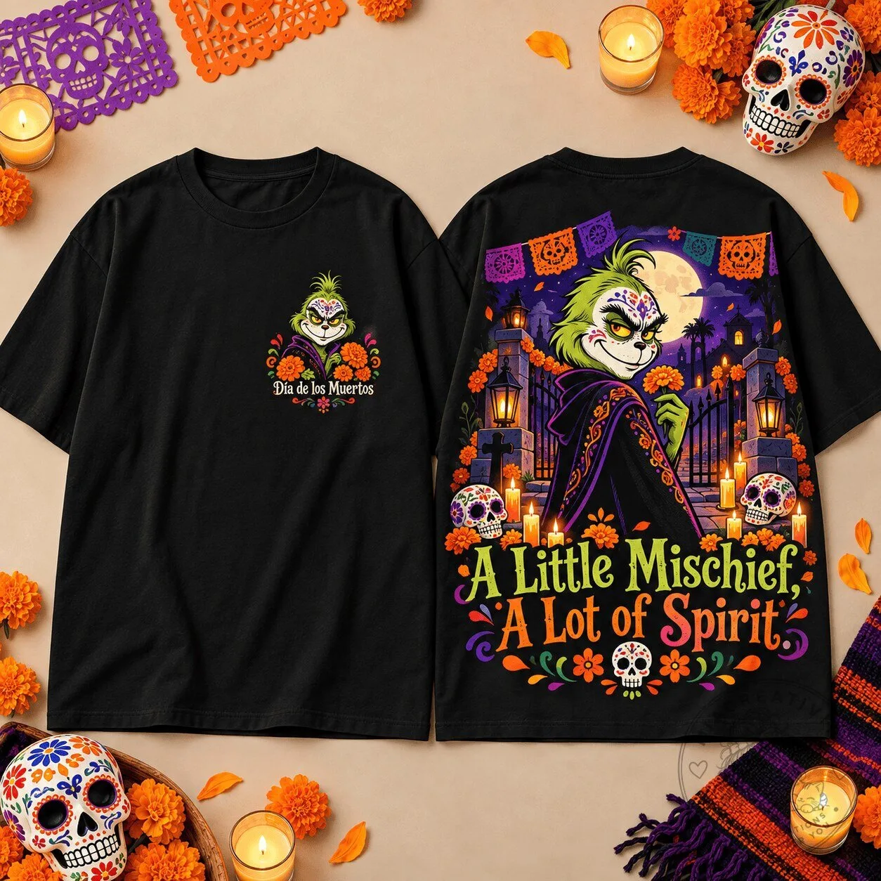 Grinch Dia de los Muertos A Little Mischief A Lot of Spirit T-Shirt