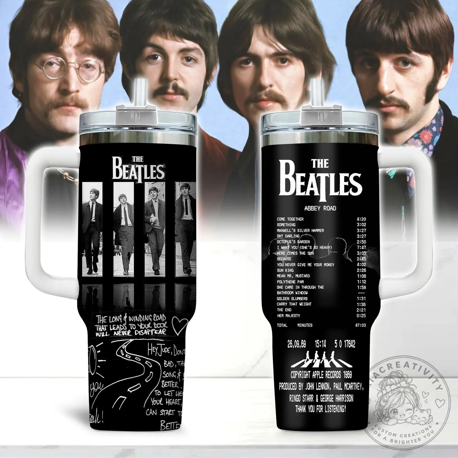 The Beatles Abbey Road Album Tracklist Black Stainless Steel Tumbler