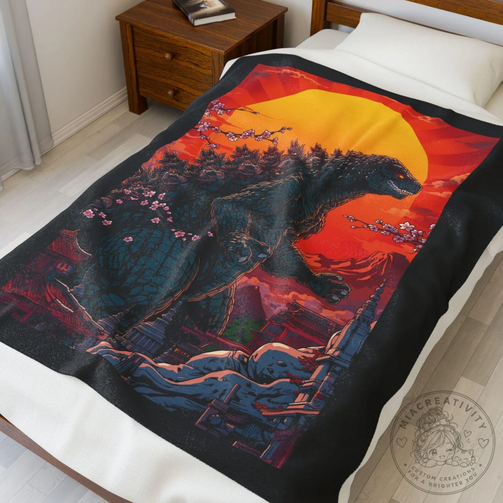 Godzilla Monster Sunset Japanese Cherry Blossom Fleece Blanket