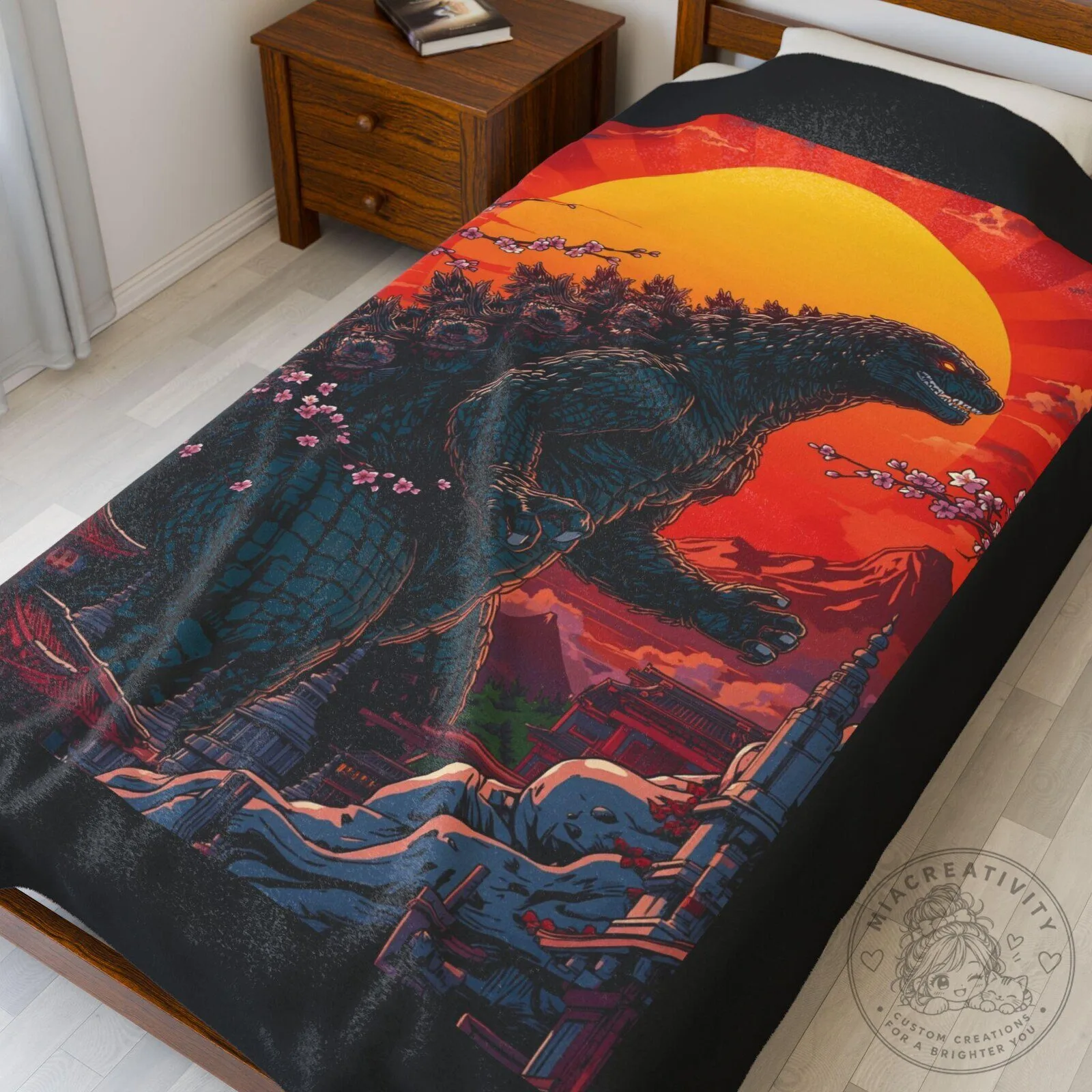 Godzilla Monster Sunset Japanese Cherry Blossom Fleece Blanket 12 Godzilla Monster Sunset Japanese Cherry Blossom Fleece Blanket