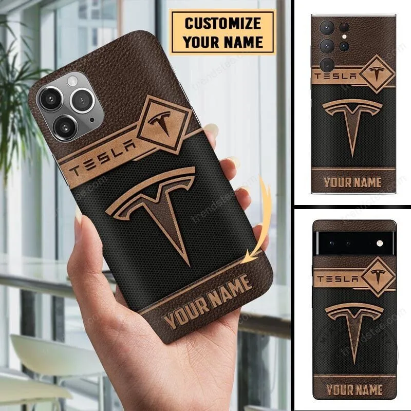 Personalized Tesla Logo Brown and Black Custom Name Phone Case