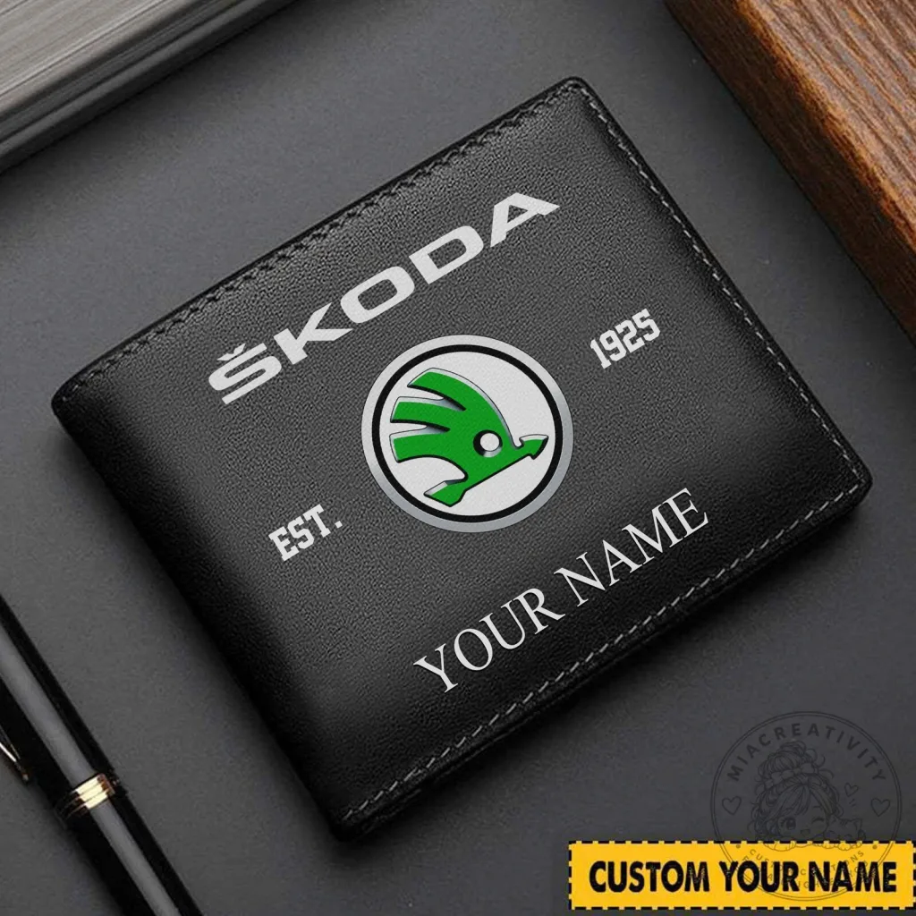 Skoda Car Logo Custom Name Black Leather Bifold Wallet for Men Skoda Car Logo Custom Name Black Leather Bifold Wallet for Men