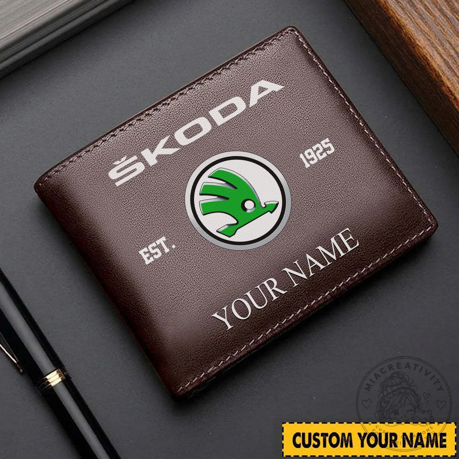 Skoda Car Logo Custom Name Black Leather Bifold Wallet for Men 8 Skoda Car Logo Custom Name Black Leather Bifold Wallet for Men
