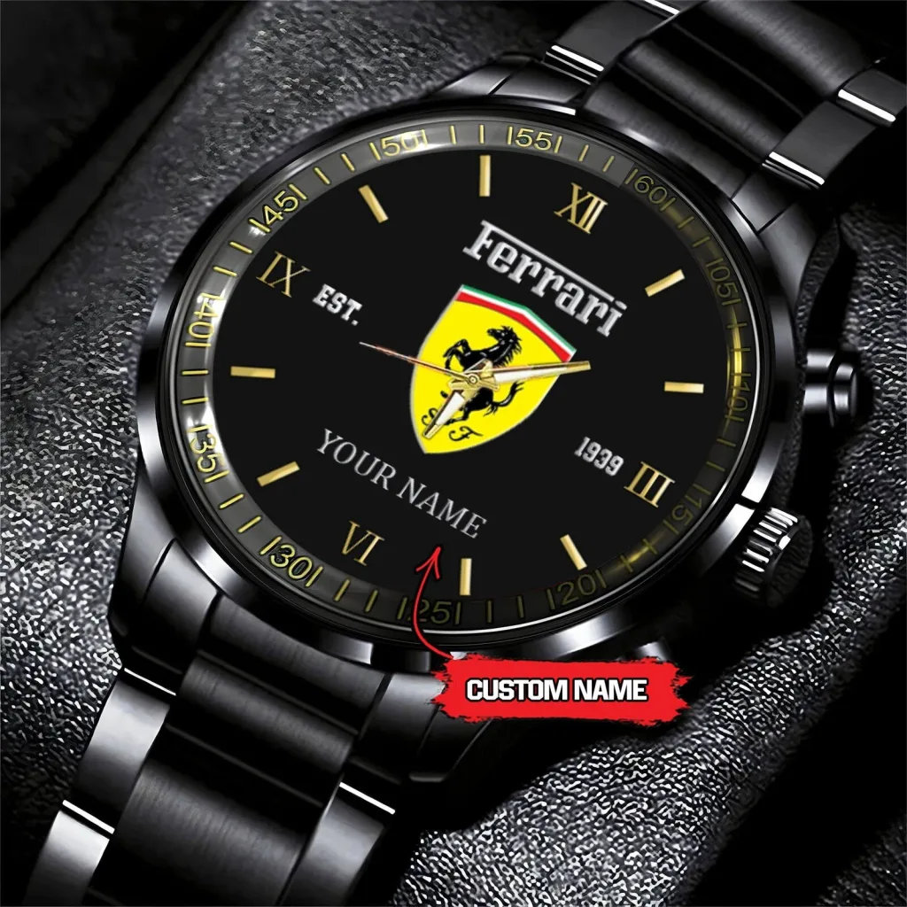 Personalized Ferrari Logo Black Stainless Steel Watch with Custom Name Personalized Ferrari Logo Black Stainless Steel Watch with Custom Name