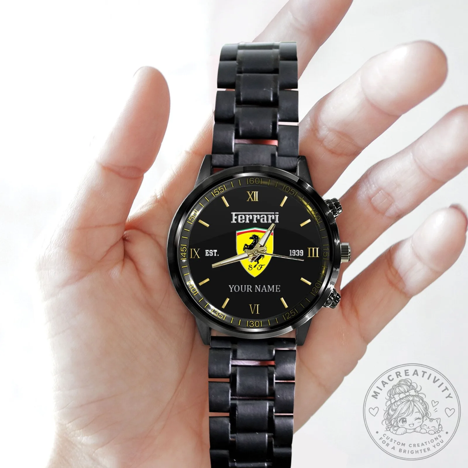Personalized Ferrari Logo Black Stainless Steel Watch with Custom Name 8 Personalized Ferrari Logo Black Stainless Steel Watch with Custom Name