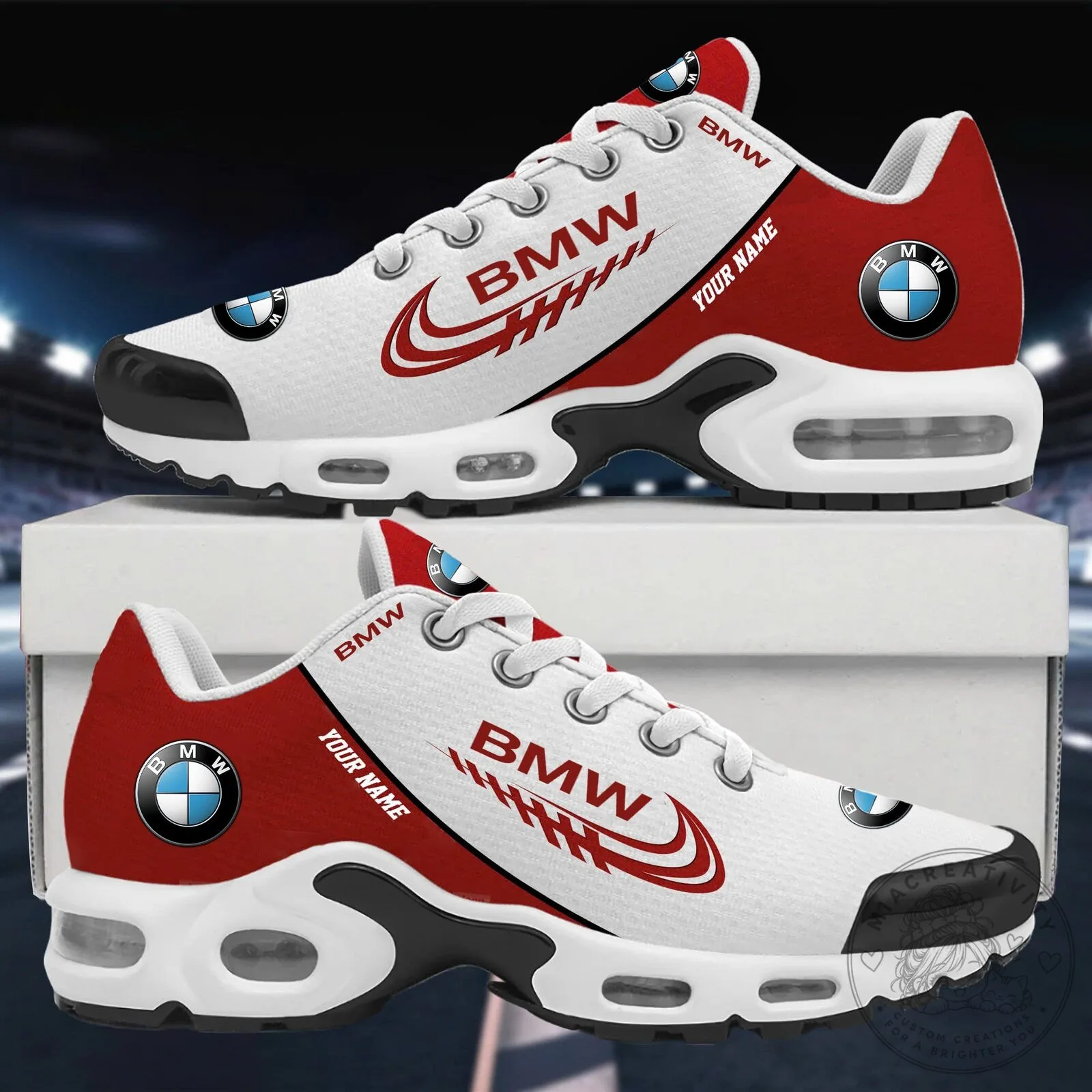 BMW Car Logo Custom Name White and Red Athletic Sneakers
