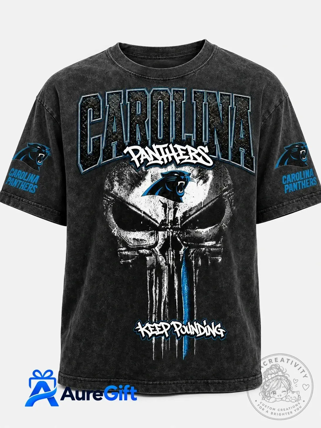 Carolina Panthers Skull Keep Pounding Washed Black Graphic T-Shirt