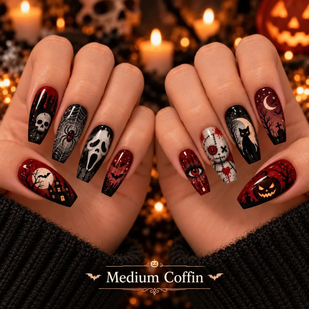 Halloween Horror Night Spooky Skull Spider Ghost Cat Moon Press-On Nails Set Halloween Horror Night Spooky Skull Spider Ghost Cat Moon Press-On Nails Set