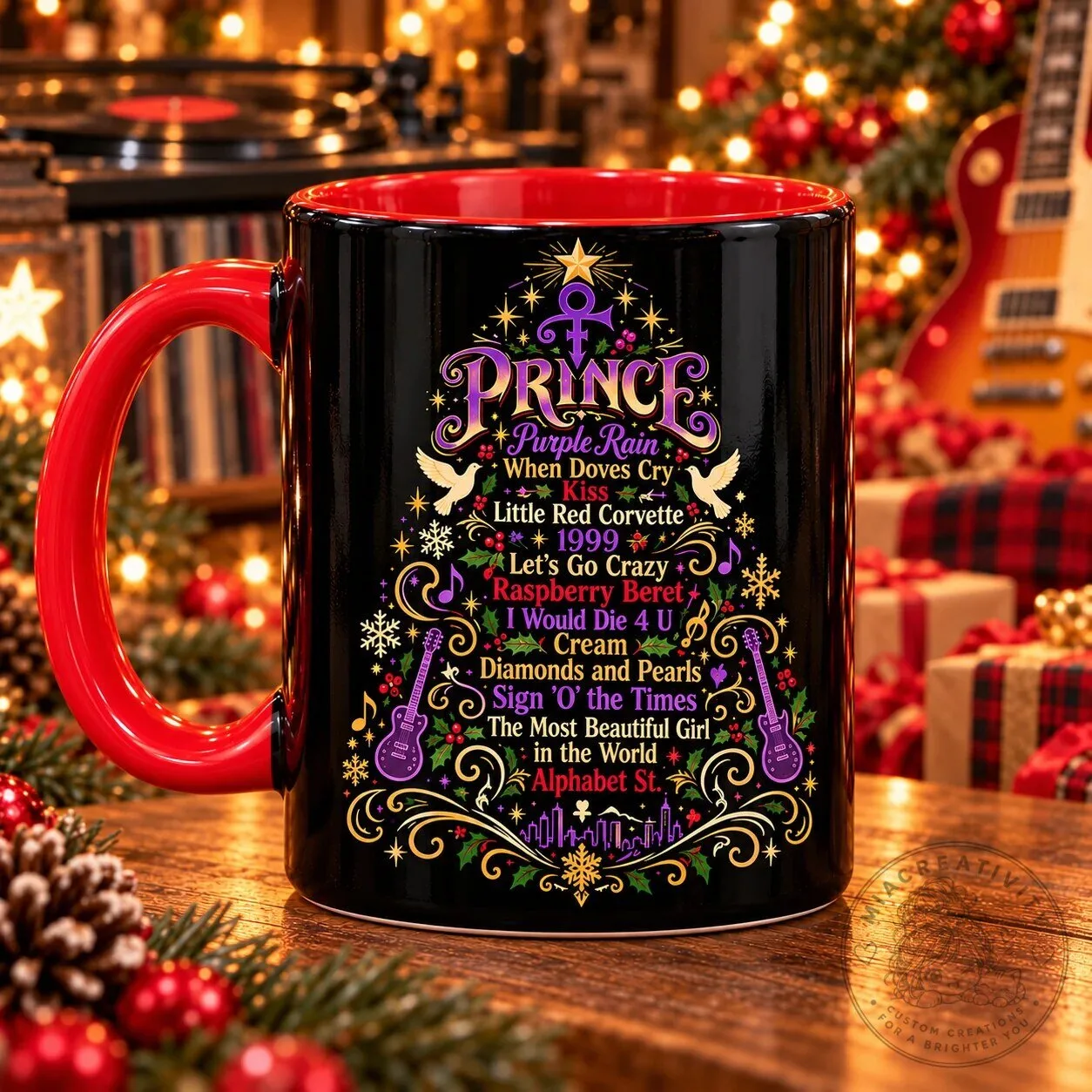 Coffee Lover Gift Prince Christmas Tree Mug, Purple Rain Holiday Coffee Cup