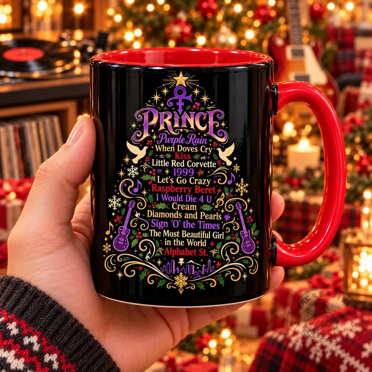 Coffee Lover Gift Prince Christmas Tree Mug, Purple Rain Holiday Coffee Cup 10 Coffee Lover Gift Prince Christmas Tree Mug, Purple Rain Holiday Coffee Cup