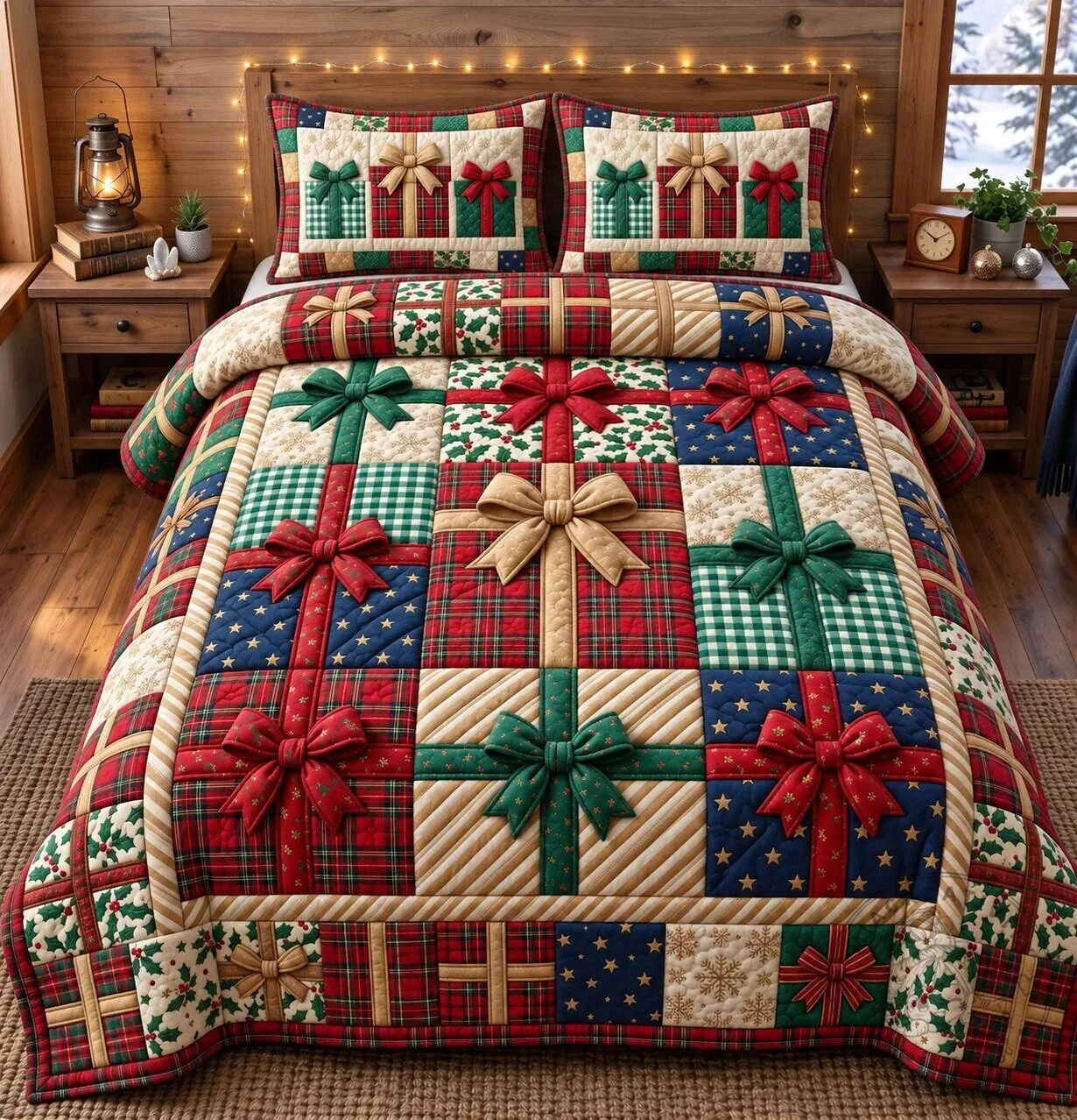 Christmas Gift Box Plaid Pattern Quilted Bedding Set with Pillow Shams