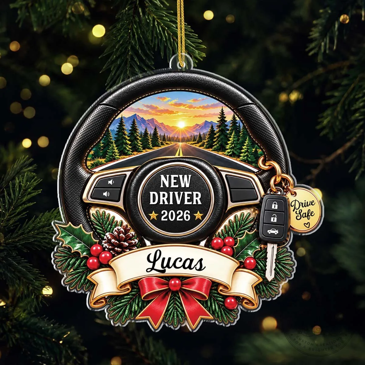New Driver First Car Steering Wheel Personalized Christmas Ornament