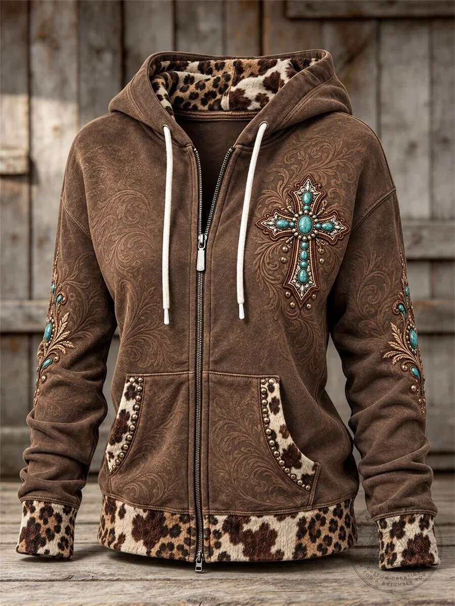 Leopard Print Full Zip Hoodie with Vintage Western Turquoise Cross Embossed Art for Women