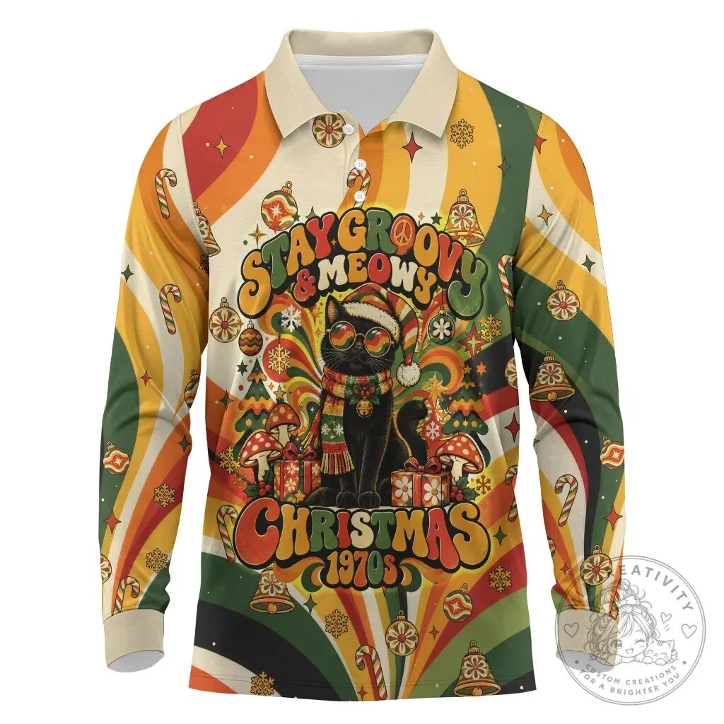 Groovy Christmas Black Cat Long-Sleeve Polo Shirt Vintage 1970s Holiday Waves 1 Groovy Christmas Black Cat Long-Sleeve Polo Shirt Vintage 1970s Holiday Waves