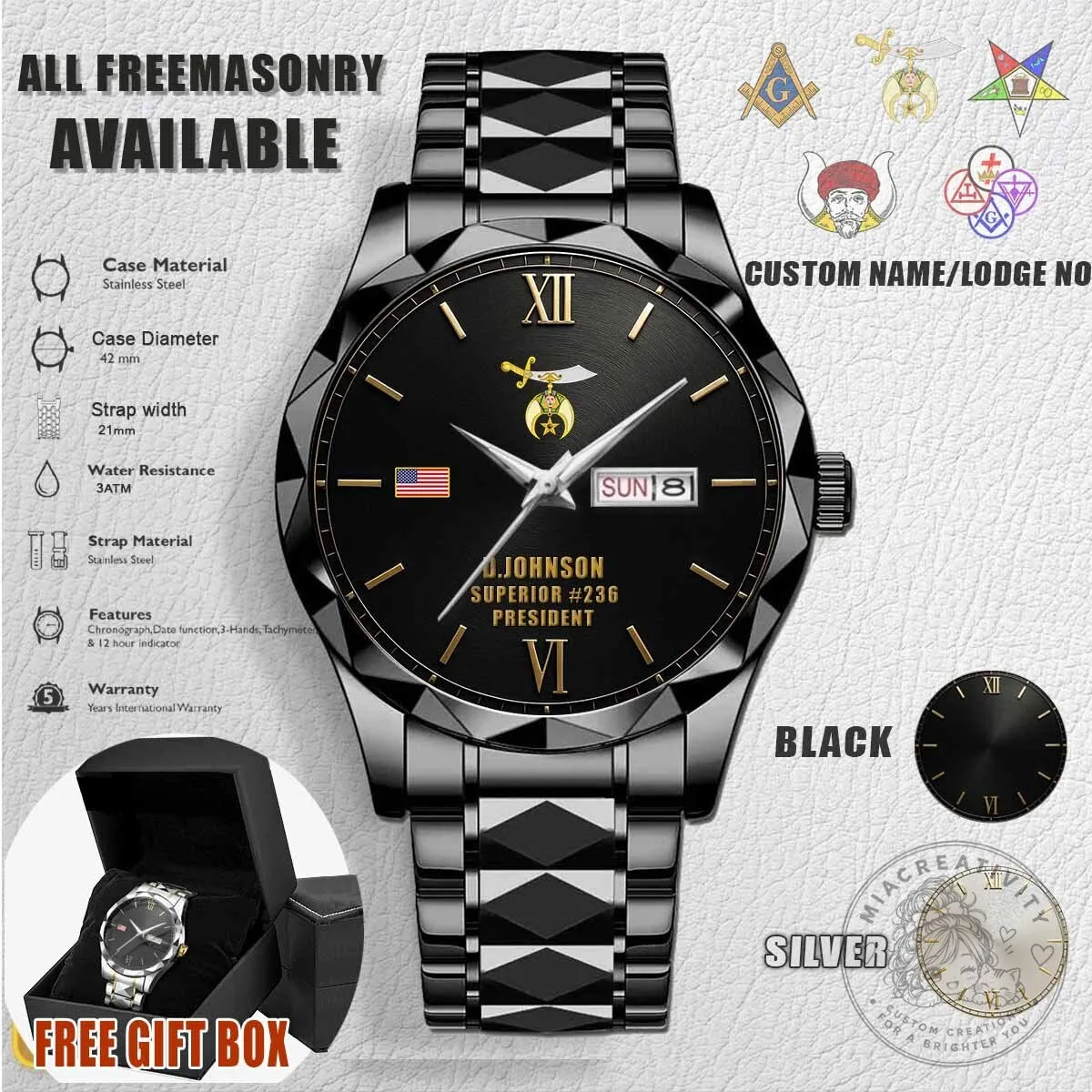Shriners International Freemasonry Stainless Steel Watch with Custom Name