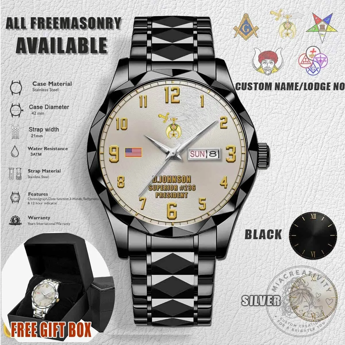 Shriners International Freemasonry Stainless Steel Watch with Custom Name 6 Shriners International Freemasonry Stainless Steel Watch with Custom Name