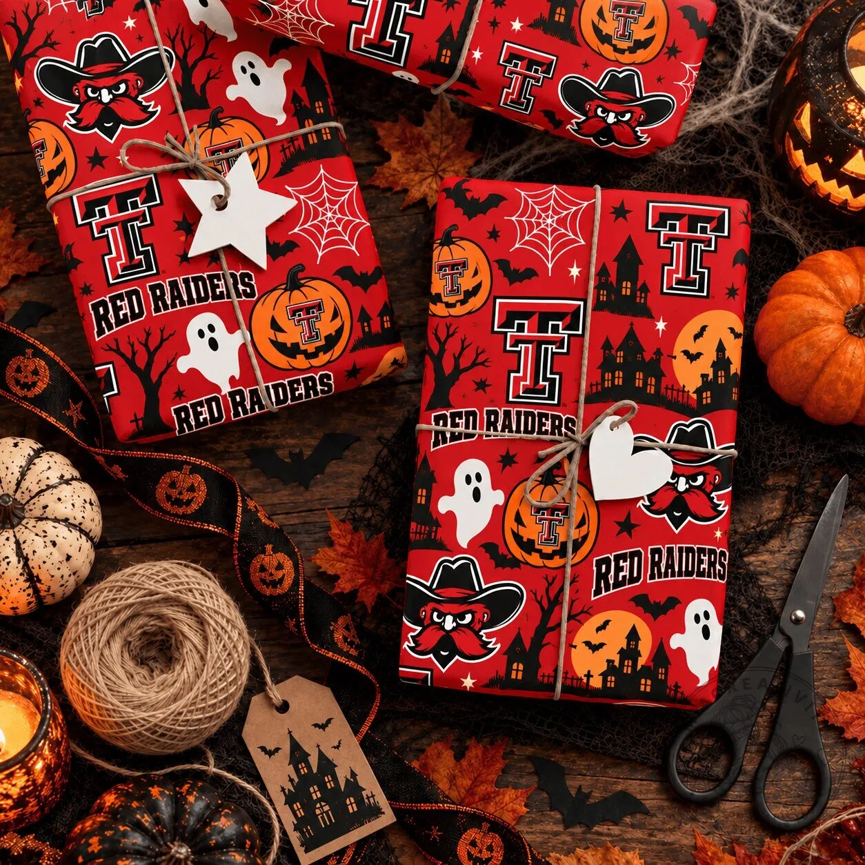 Texas Tech Red Raiders Halloween Spooky Pattern Premium Gift Wrapping Paper