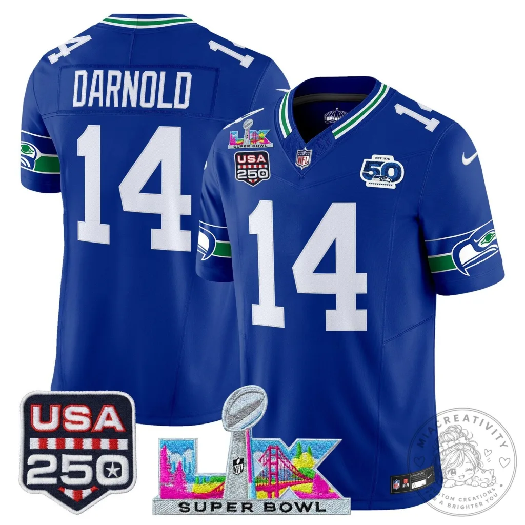 Super Bowl LX Seattle Seahawks Sam Darnold Blue Football Jersey Super Bowl LX Seattle Seahawks Sam Darnold Blue Football Jersey