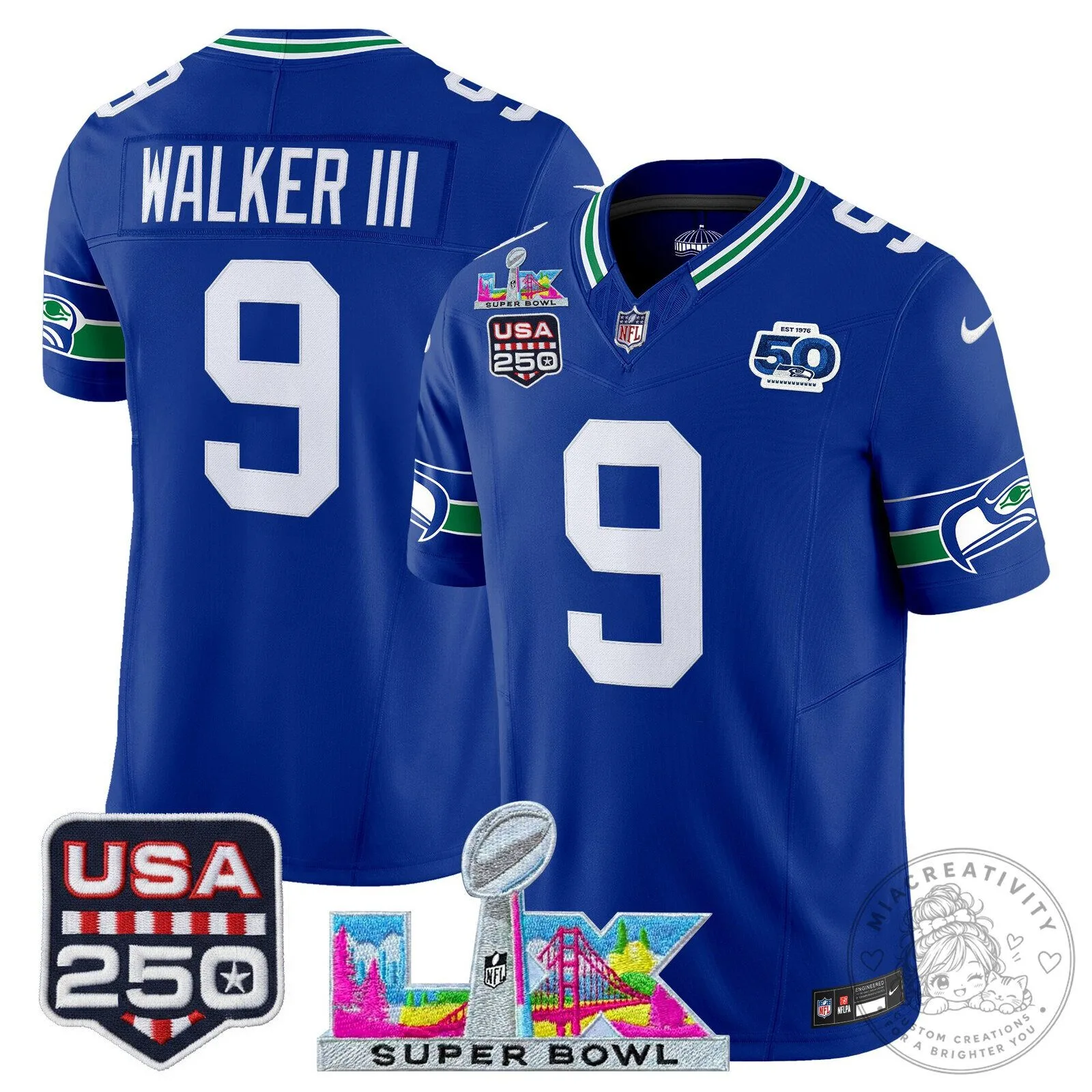 Super Bowl LX Seattle Seahawks Sam Darnold Blue Football Jersey 43 Super Bowl LX Seattle Seahawks Sam Darnold Blue Football Jersey