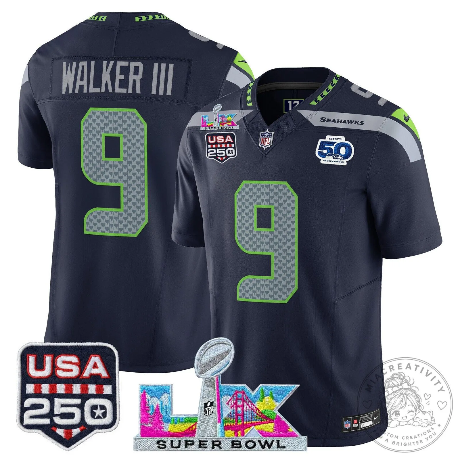 Super Bowl LX Seattle Seahawks Sam Darnold Blue Football Jersey 50 Super Bowl LX Seattle Seahawks Sam Darnold Blue Football Jersey