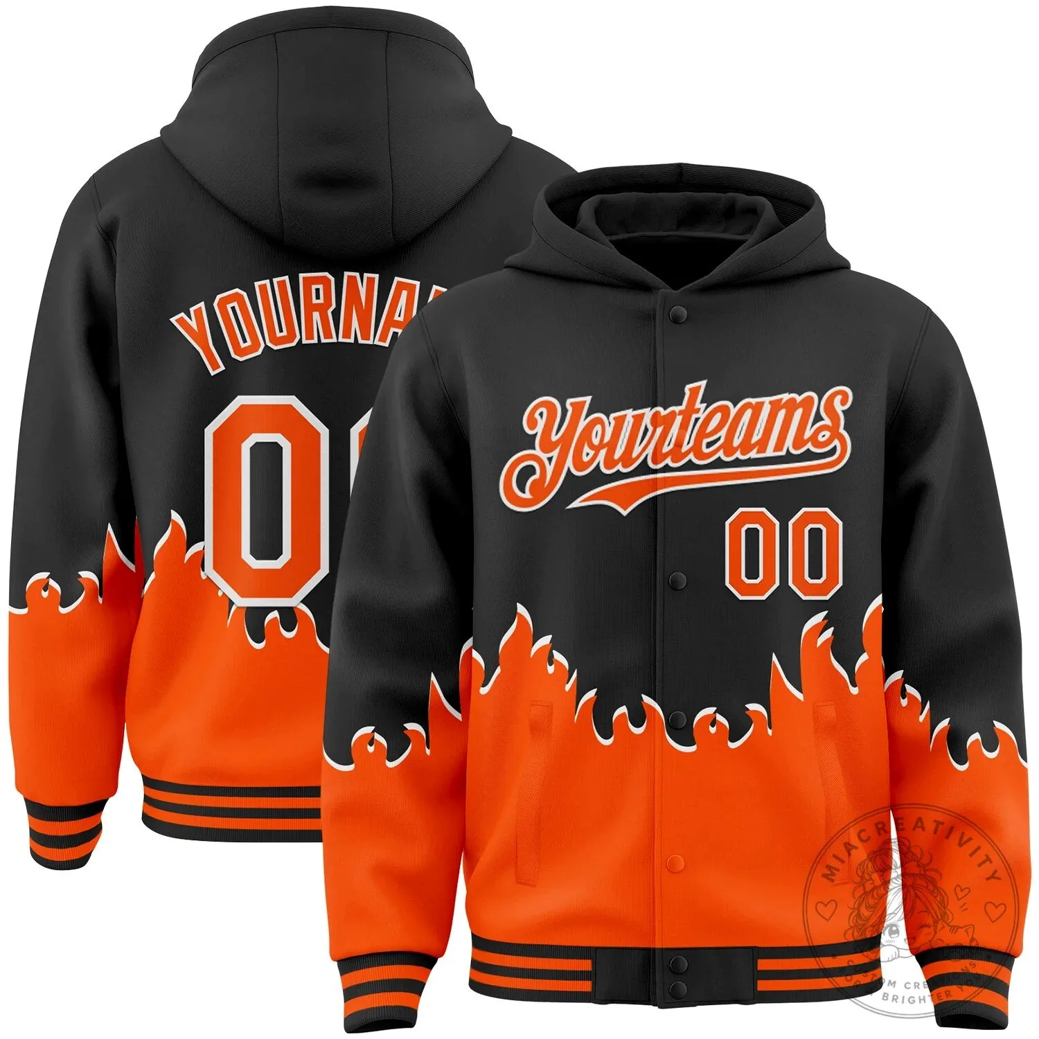 Custom Black Orange White Fire Flame Bomber Full-Snap Varsity Letterman Jacket