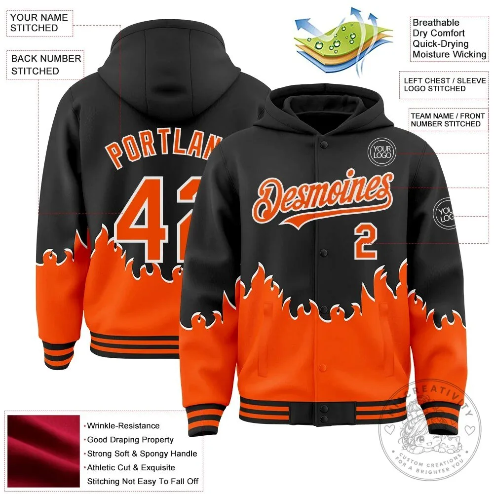 Custom Black Orange White Fire Flame Bomber Full-Snap Varsity Letterman Jacket 13 Custom Black Orange White Fire Flame Bomber Full-Snap Varsity Letterman Jacket