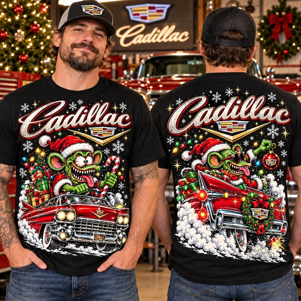 Cadillac Christmas Classic Car Rat Fink Hot Rod Holiday T-Shirt