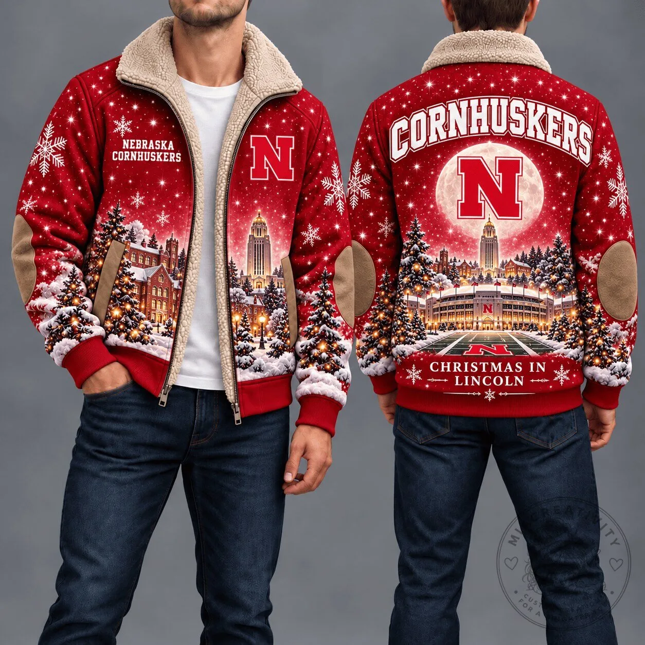 Nebraska Cornhuskers Christmas Winter Landscape Sherpa Fleece Jacket
