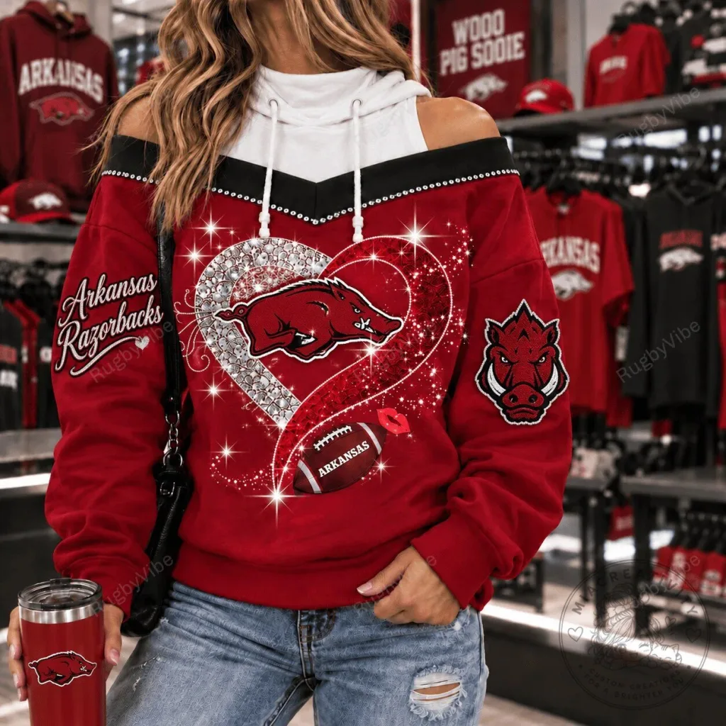 Arkansas Razorbacks Football Team Sparkle Heart Off-Shoulder Hoodie Arkansas Razorbacks Football Team Sparkle Heart Off-Shoulder Hoodie