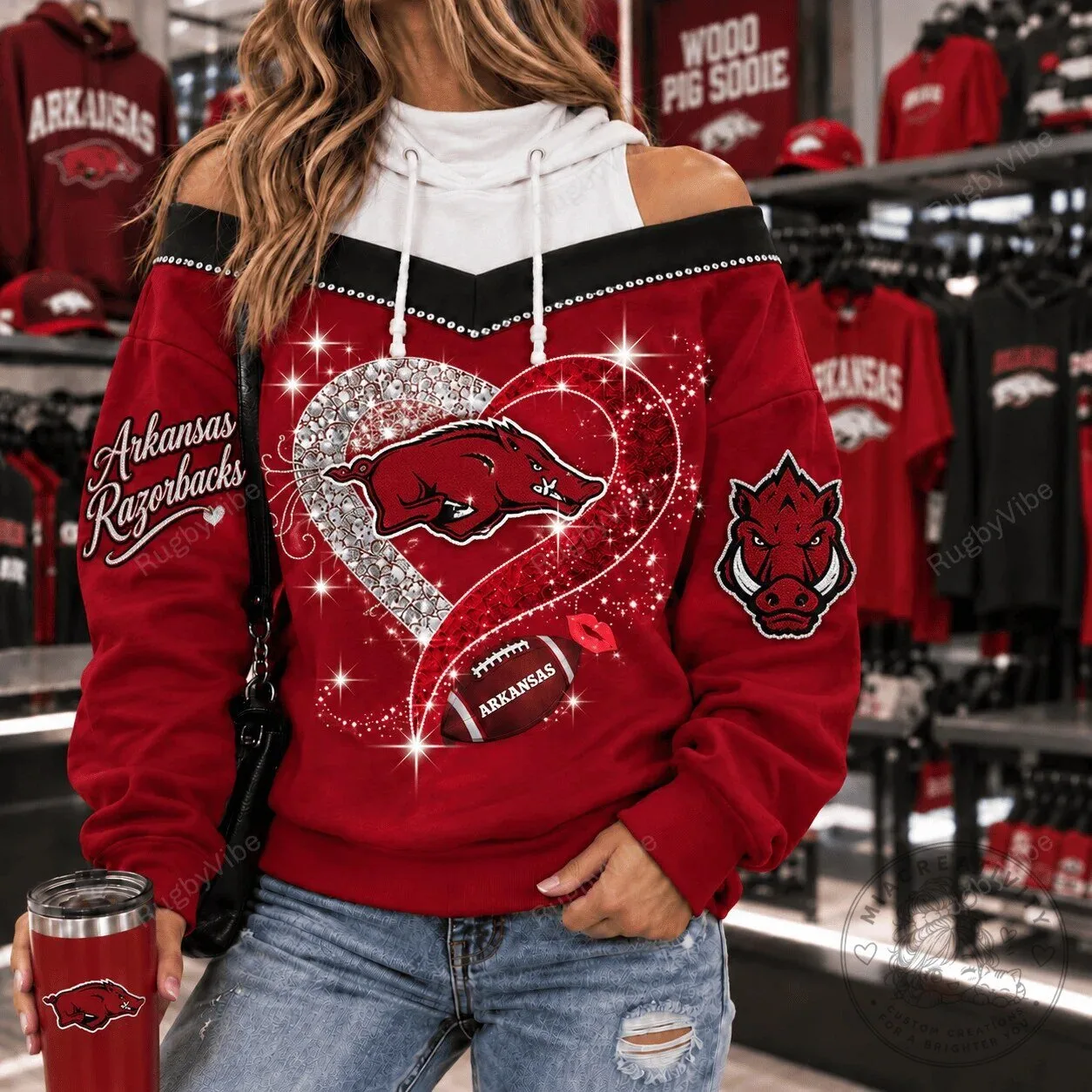 Arkansas Razorbacks Football Team Sparkle Heart Off-Shoulder Hoodie 5 Arkansas Razorbacks Football Team Sparkle Heart Off-Shoulder Hoodie