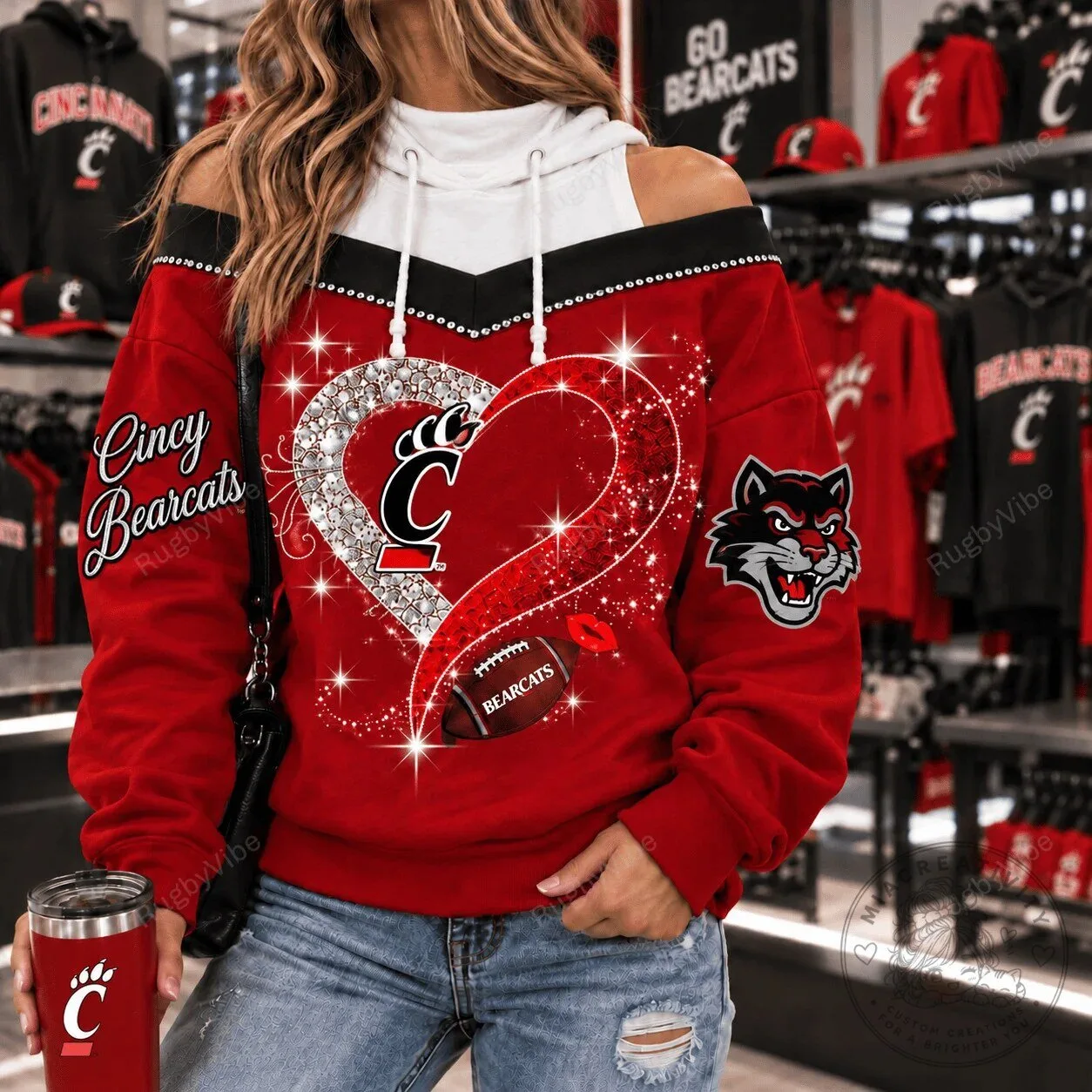 Cincinnati Bearcats Football Glitter Heart Women's Hoodie