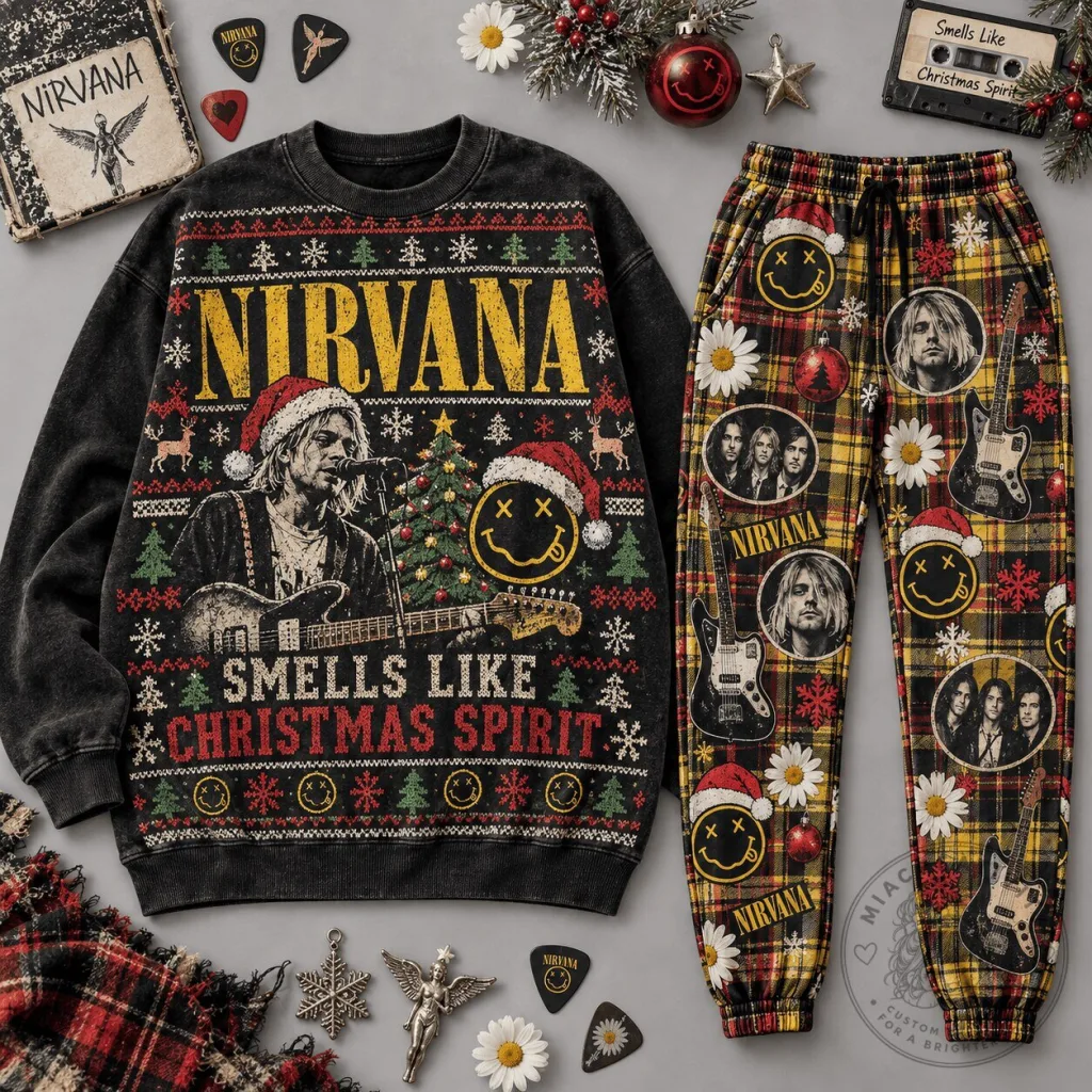 Nirvana Smells Like Christmas Spirit Ugly Christmas Sweater and Joggers Set 18 Nirvana Smells Like Christmas Spirit Ugly Christmas Sweater and Joggers Set