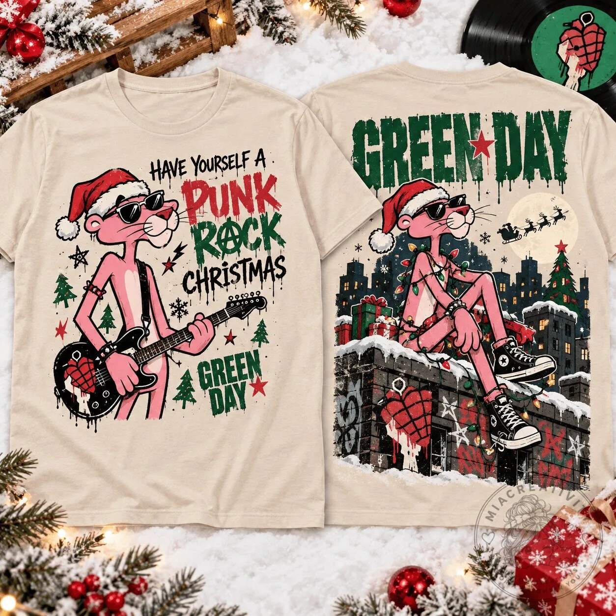 Green Day Pink Panther Punk Rock Christmas Holiday T-Shirt