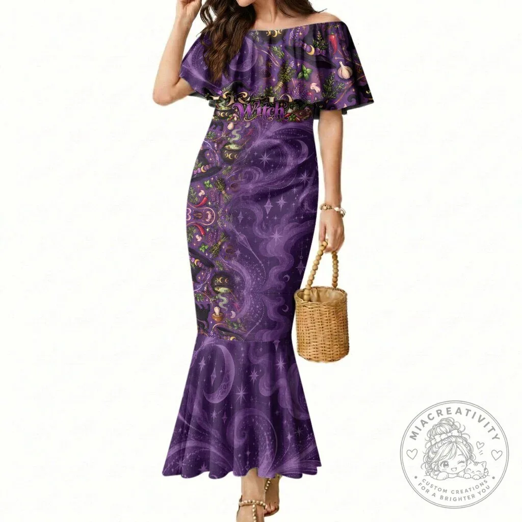 Kitchen Witch Mermaid Off The Shoulder Ruffle Dress Mystical Wiccan Magic Herb Cauldron