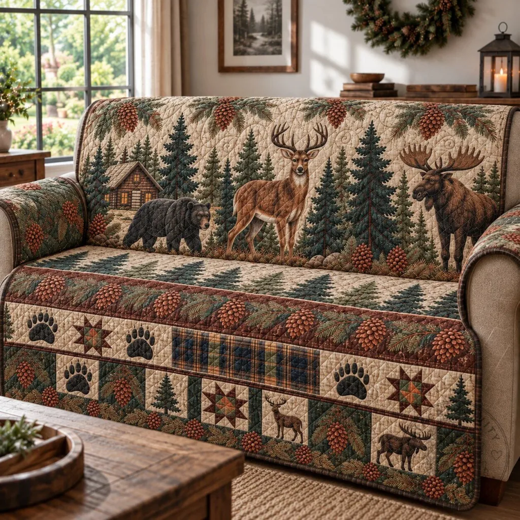 Rustic Forest Wildlife Quilted Sofa Cover Protector with Pinecone Pattern 54 Rustic Forest Wildlife Quilted Sofa Cover Protector with Pinecone Pattern
