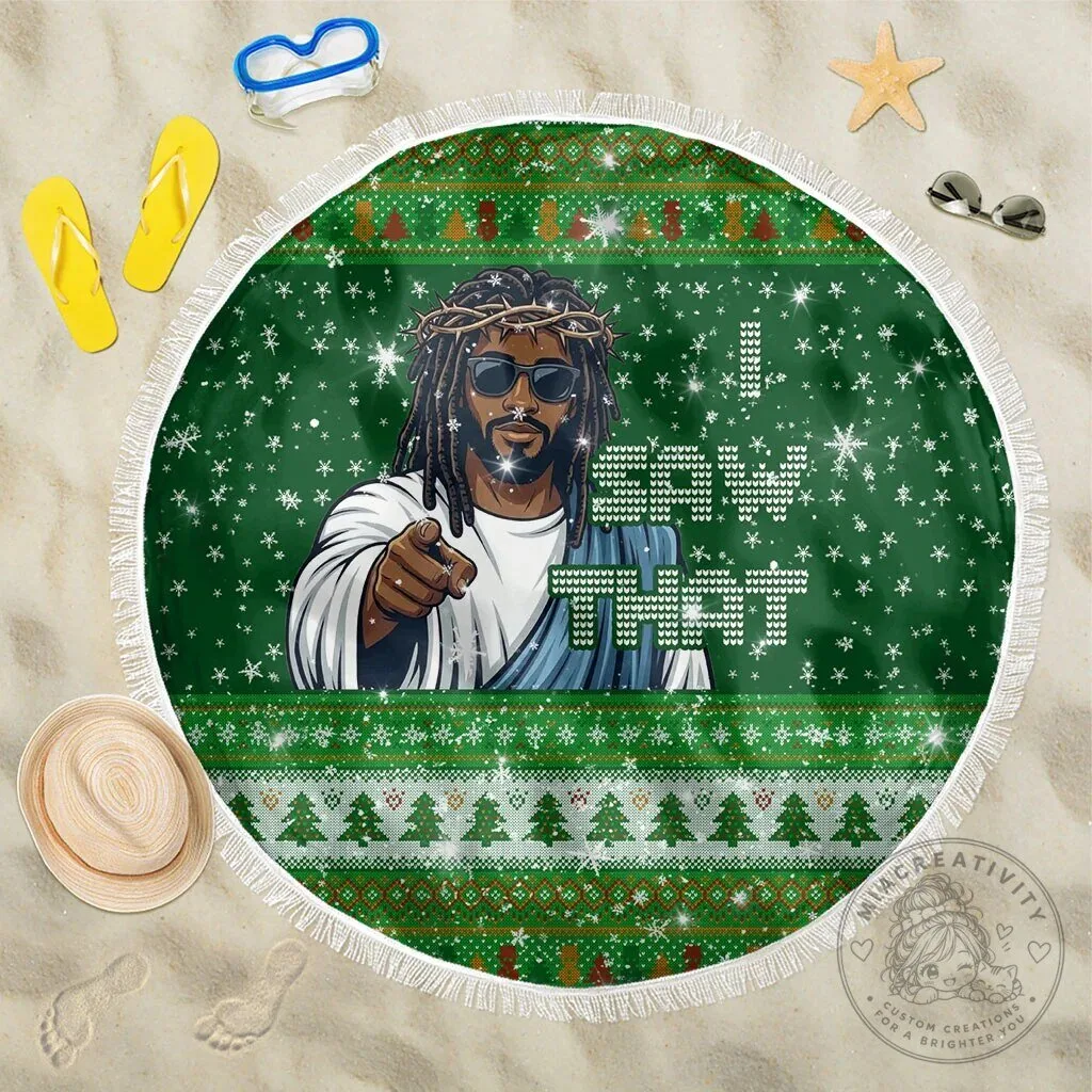 Black Jesus I Saw That Ugly Christmas Sweater Pattern Round Beach Blanket