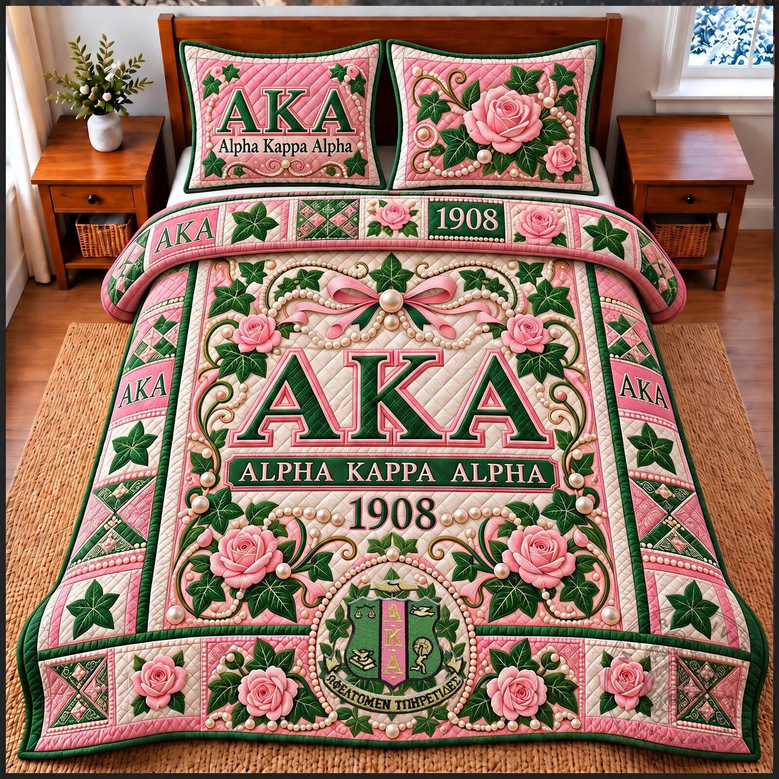 Alpha Kappa Alpha Pretty Pink Quilted Bedding Set with Pillow Shams 3 Alpha Kappa Alpha Pretty Pink Quilted Bedding Set with Pillow Shams