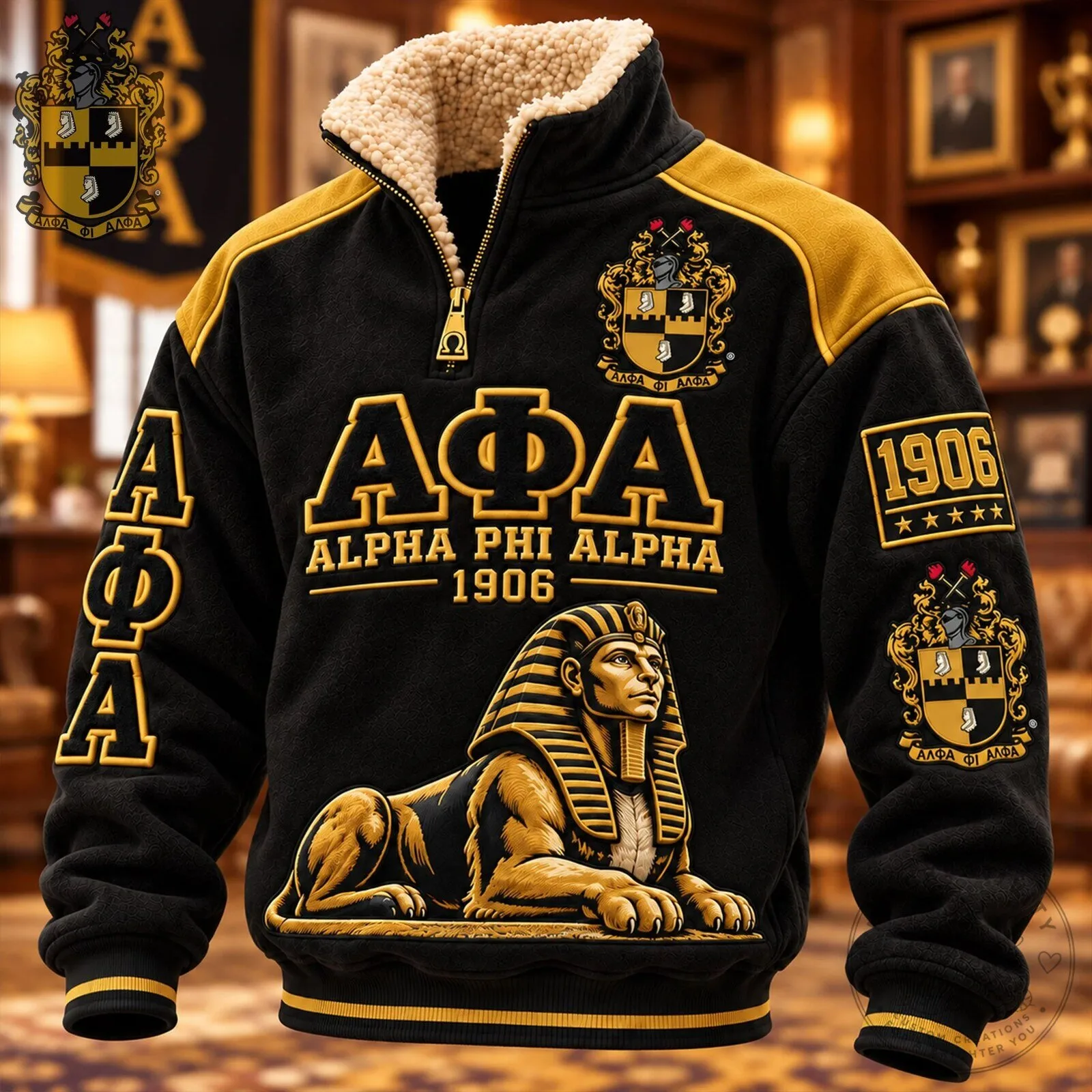 Alpha Phi Alpha Fraternity Sphinx Gold Black Sherpa Collar Pullover Sweatshirt