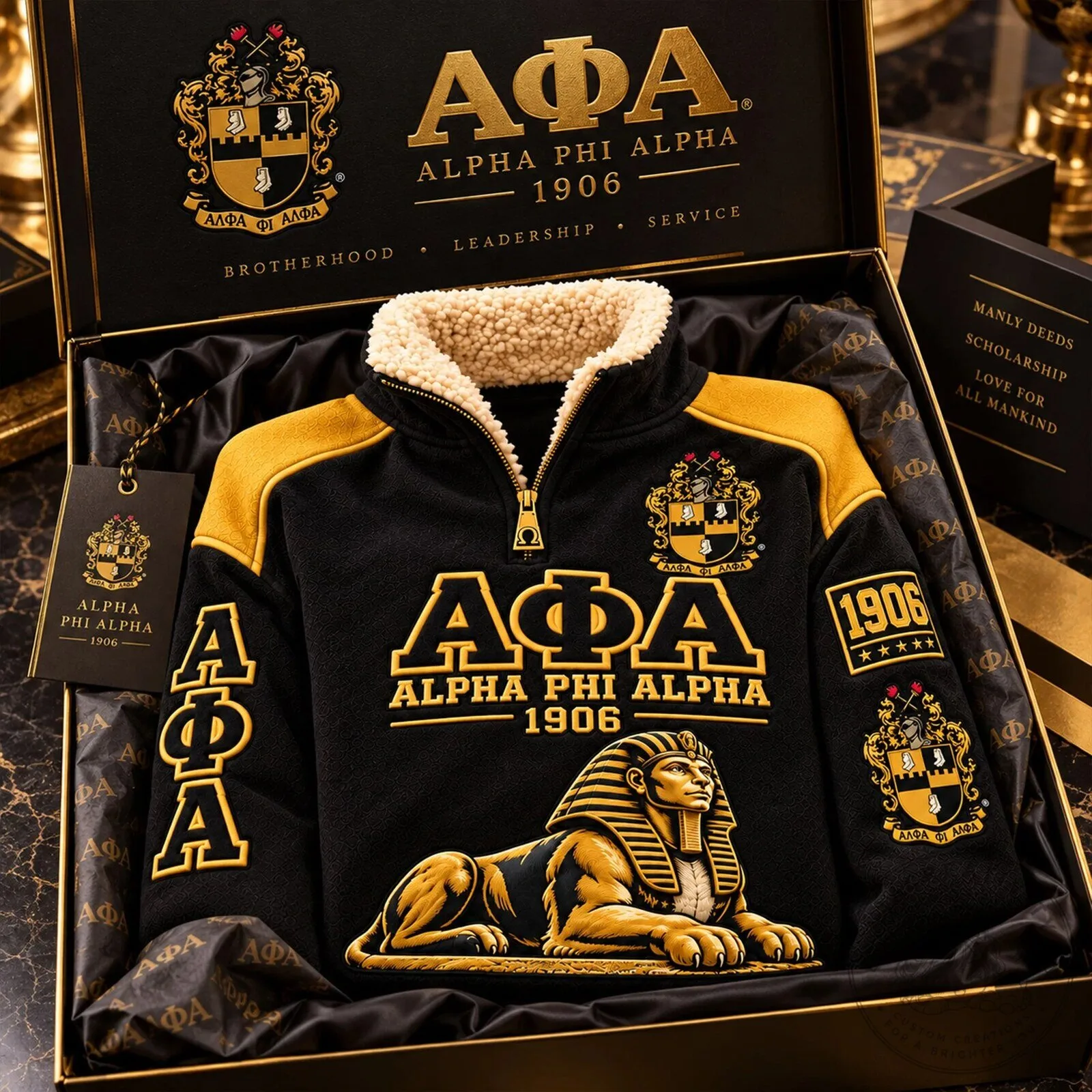 Alpha Phi Alpha Fraternity Sphinx Gold Black Sherpa Collar Pullover Sweatshirt 9 Alpha Phi Alpha Fraternity Sphinx Gold Black Sherpa Collar Pullover Sweatshirt