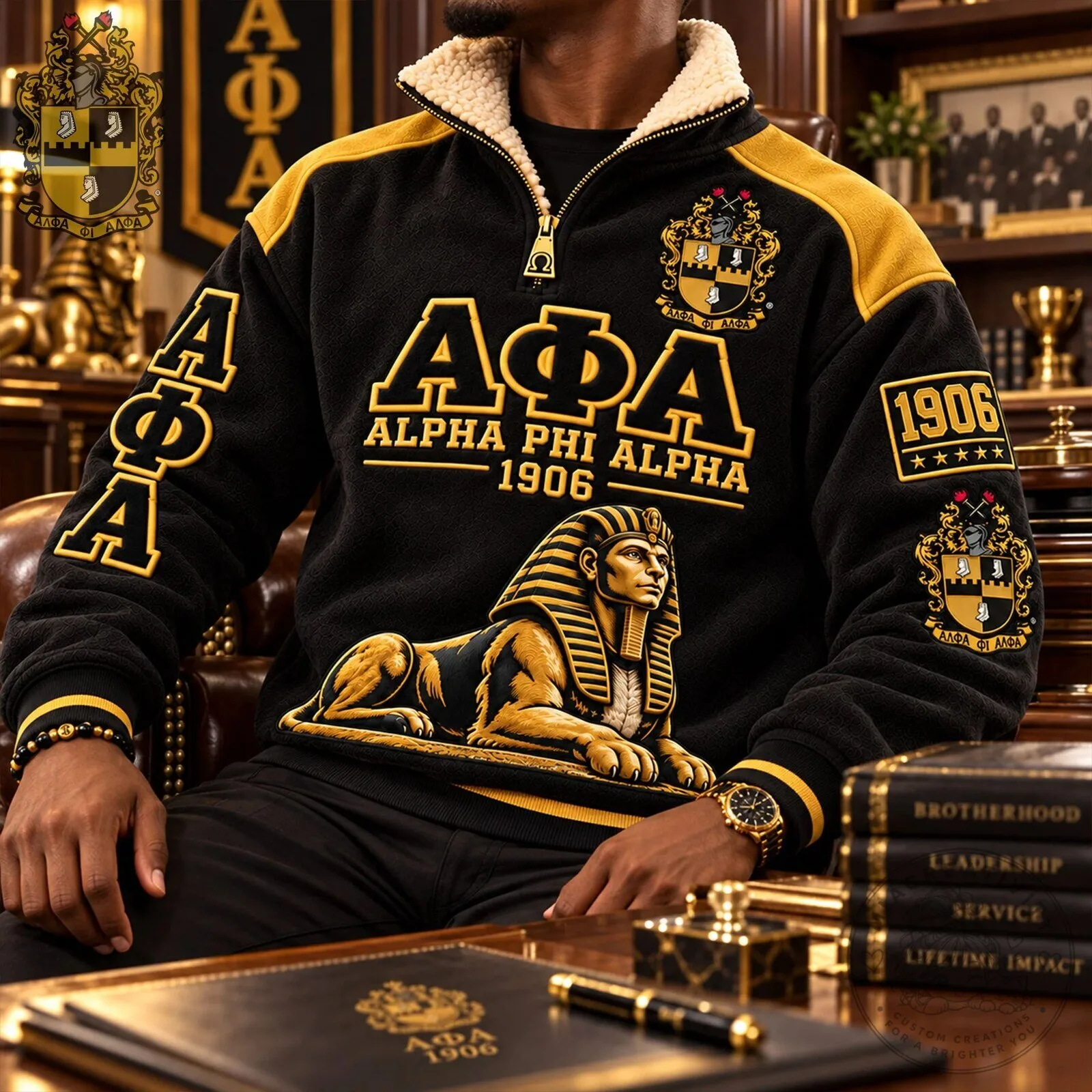 Alpha Phi Alpha Fraternity Sphinx Gold Black Sherpa Collar Pullover Sweatshirt 10 Alpha Phi Alpha Fraternity Sphinx Gold Black Sherpa Collar Pullover Sweatshirt