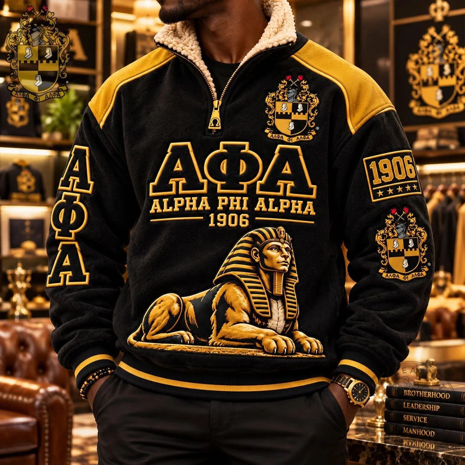Alpha Phi Alpha Fraternity Sphinx Gold Black Sherpa Collar Pullover Sweatshirt 11 Alpha Phi Alpha Fraternity Sphinx Gold Black Sherpa Collar Pullover Sweatshirt