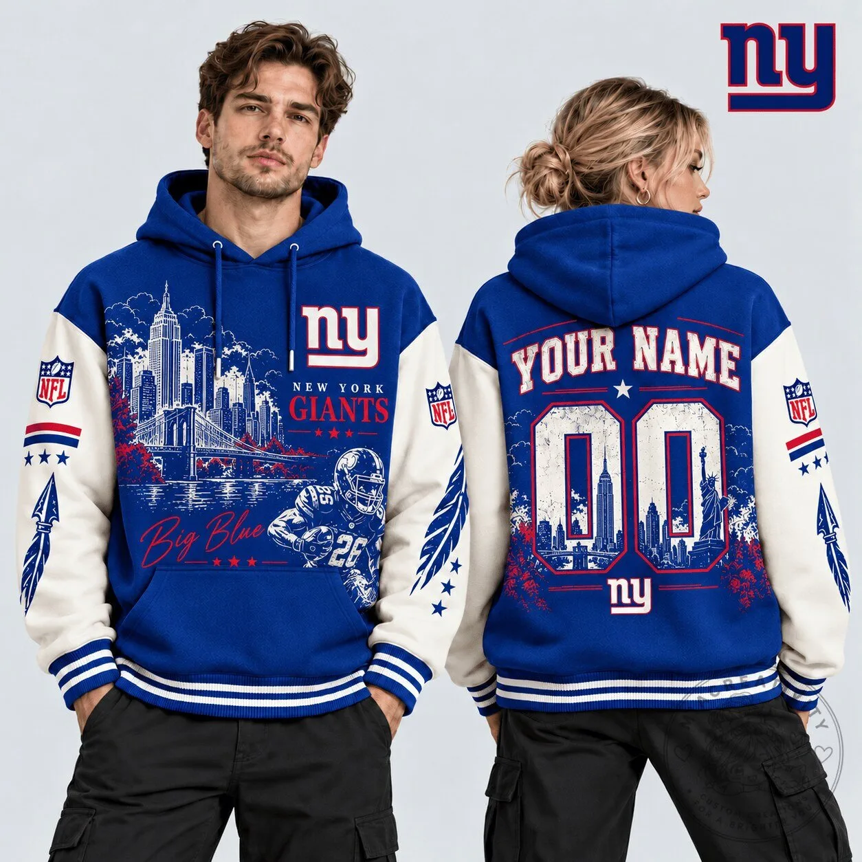 New York Giants NFL Football Big Blue Custom Name and Number Hoodie