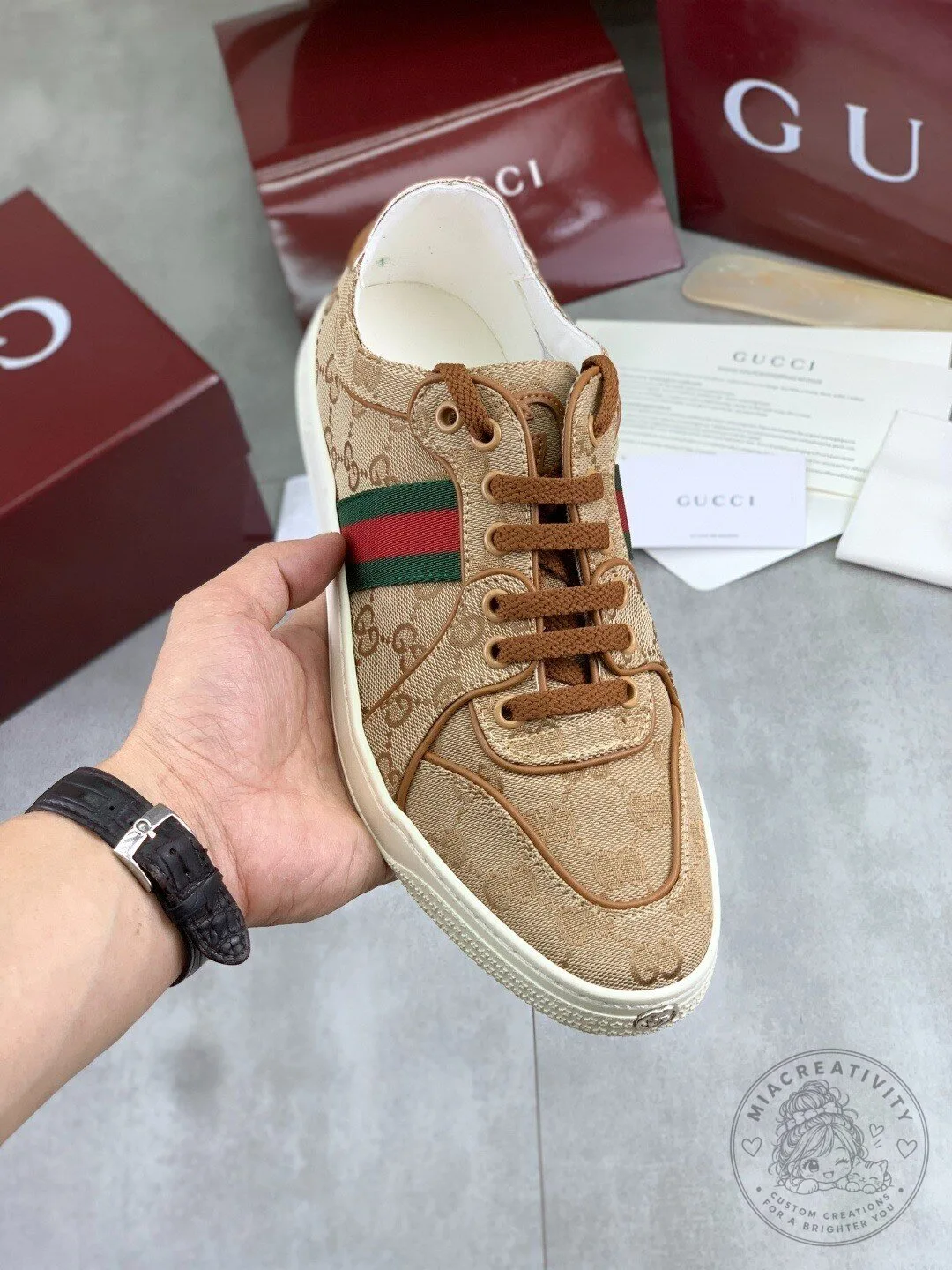 Gucci Monogram Canvas Stripe Ace Sneakers Fashion Shoes for Men and Women