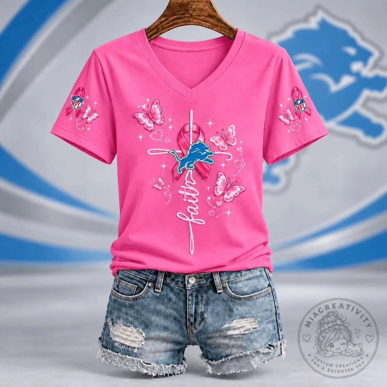 Breast Cancer Awareness Pink V-Neck T-Shirt for Detroit Lions Fans – Faith, Hope, Love