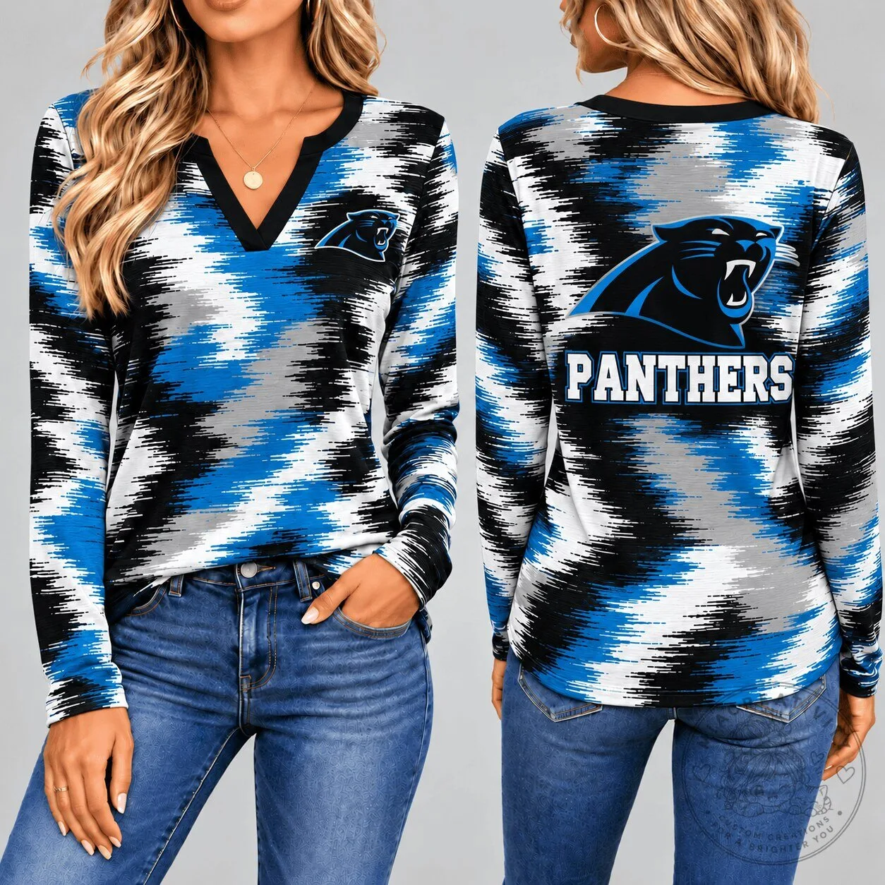 Carolina Panthers Dynamic Brushstroke V-Neck Long Sleeve T-Shirt for Women 3 Carolina Panthers Dynamic Brushstroke V-Neck Long Sleeve T-Shirt for Women