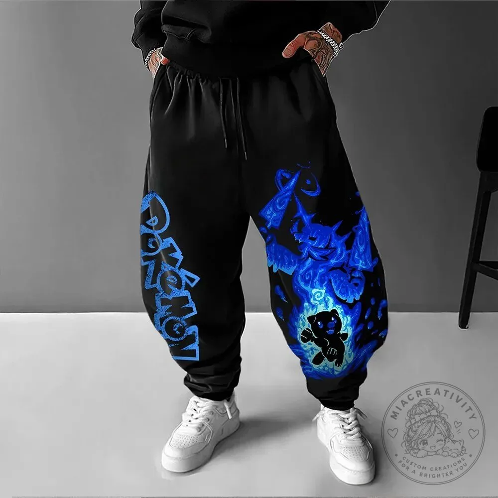 Pokemon Charmander Blue Flame Graphic Black Jogger Sweatpants