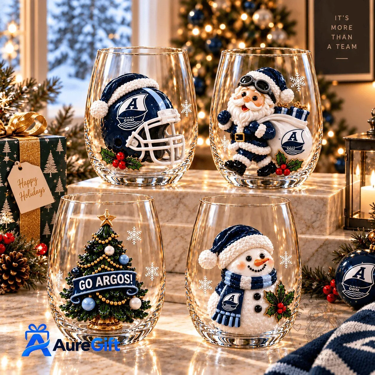 Toronto Argonauts CFL Christmas Stemless Wine Glasses Set of Four