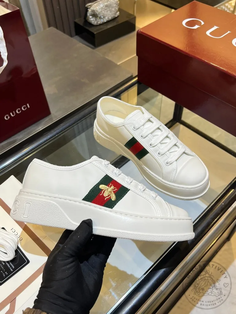 Gucci Bee Embroidered White Leather Sneakers for Women 12 Gucci Bee Embroidered White Leather Sneakers for Women