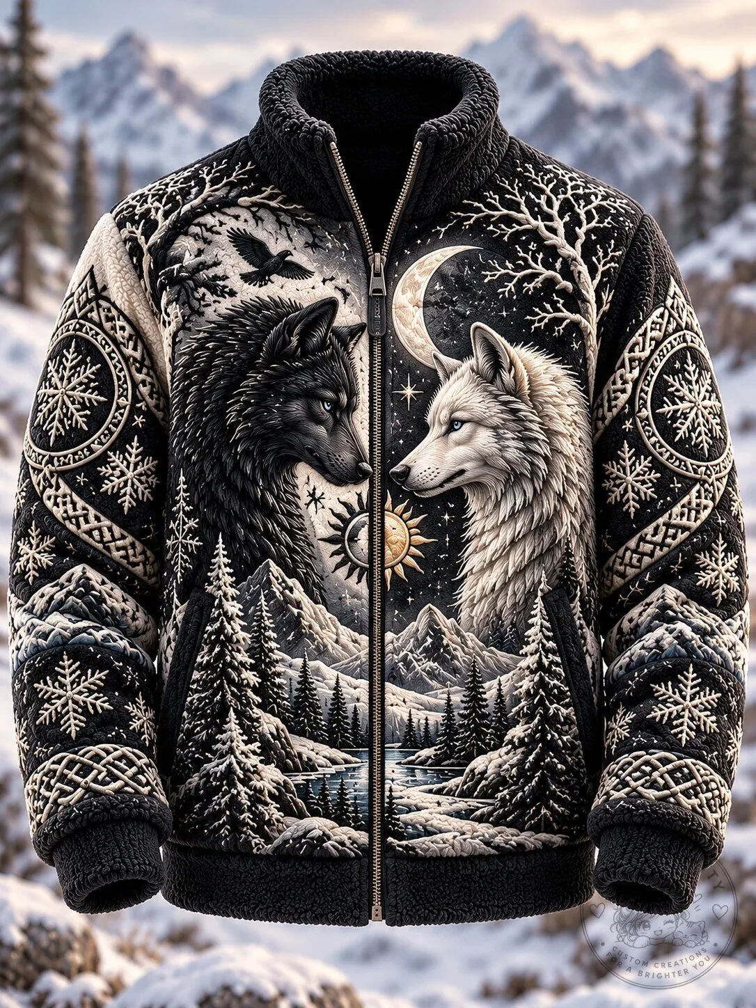 Winter Wolf Moon Sun Mountain Forest Snowflakes Nordic Pattern Full-Zip Jacket