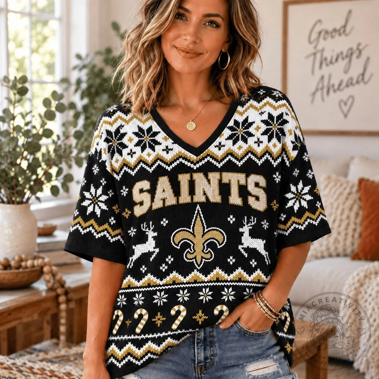 New Orleans Saints Women's Christmas Ugly Sweater Style Short Sleeve Top